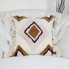 Cotton Tufted Textured Boho Pillow Cover With Large Tassels Cream Pink 18x18 Square Single