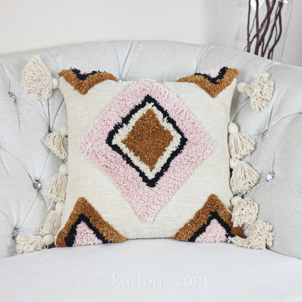 Cotton Tufted Textured Boho Pillow Cover With Large Tassels Cream Pink 18x18 Square Single