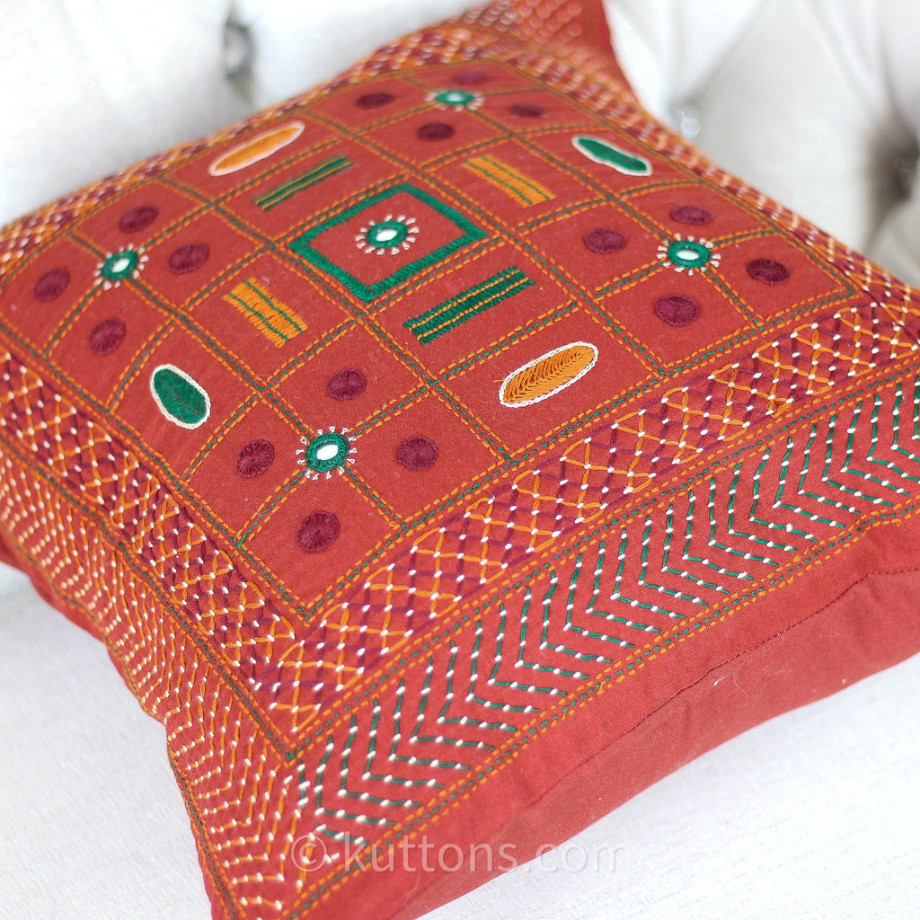 Tribal Lambani Hand Embroidered Cushion Cover With Kodi Sea Shell Tassels Banjara Decorative Throw Pillow Carmine 16x16