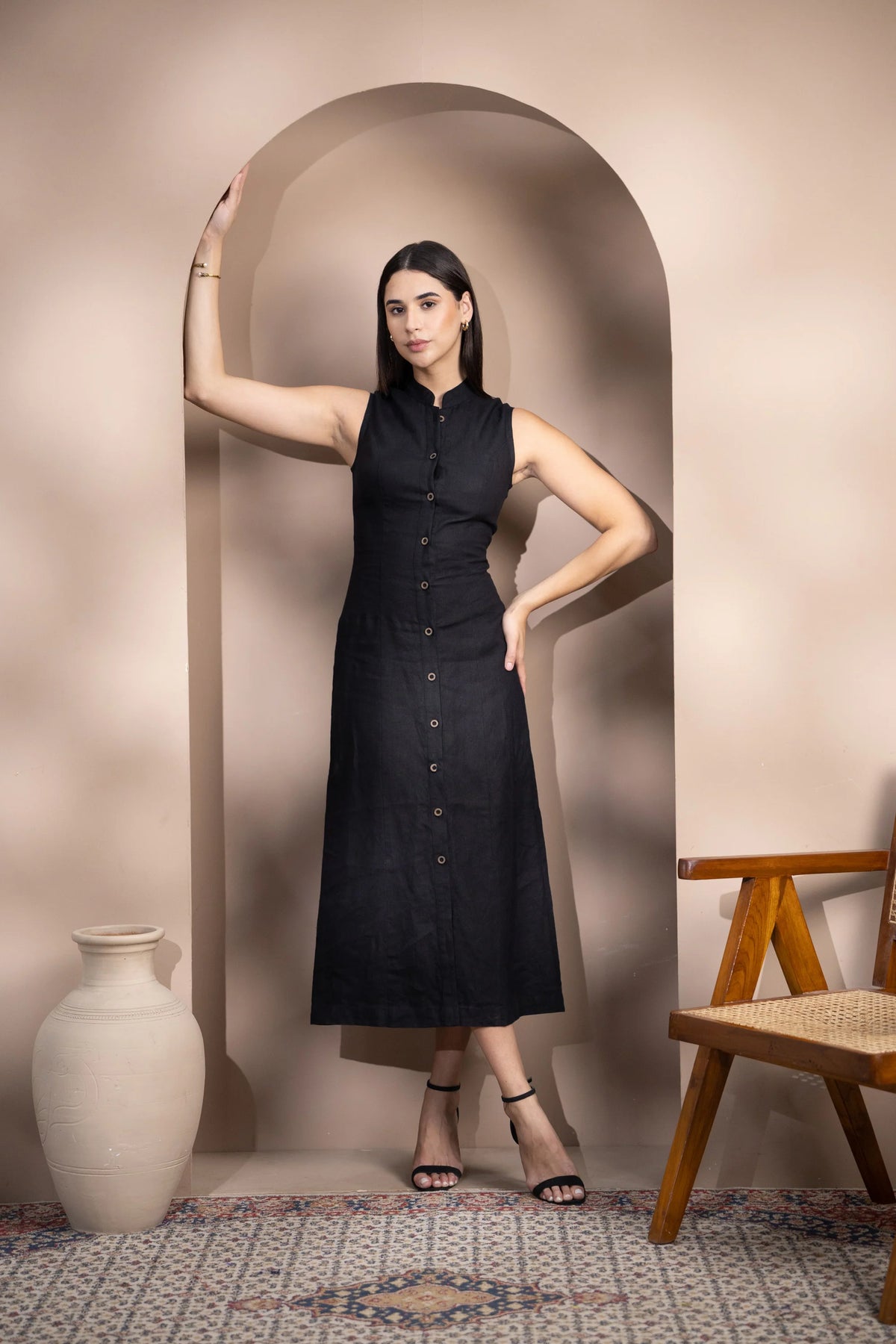 Linen Button Front Midi Dress with Tie Back