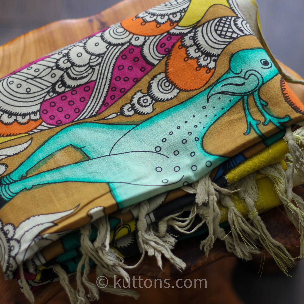 Hand Painted Kalamkari Cotton Wrap Cum Art Decor Depicting Ethnic Women with Deers Natural Colours Multicolour 36x94