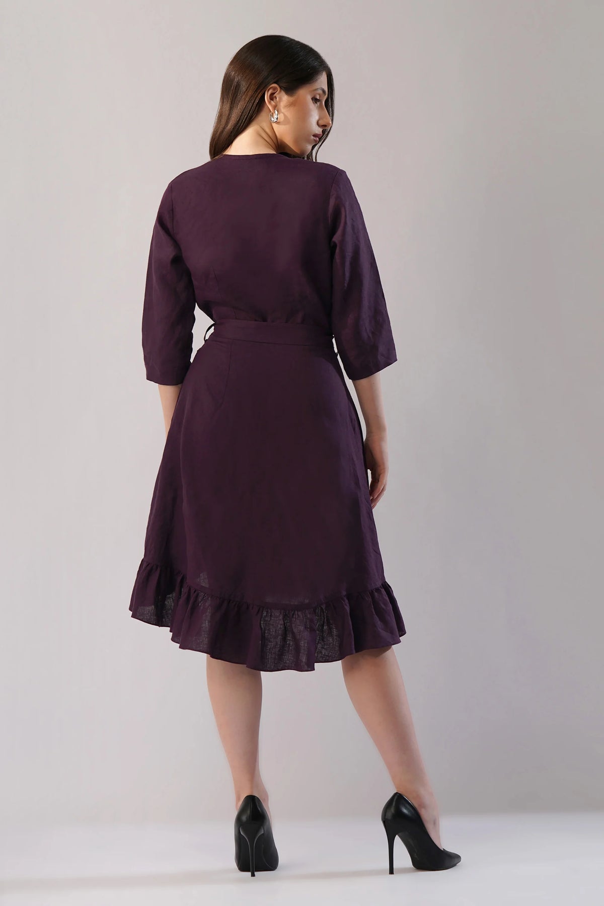 Elara Wrap Linen Dress Asymmetric Hem Ruffle Detail European Linen
