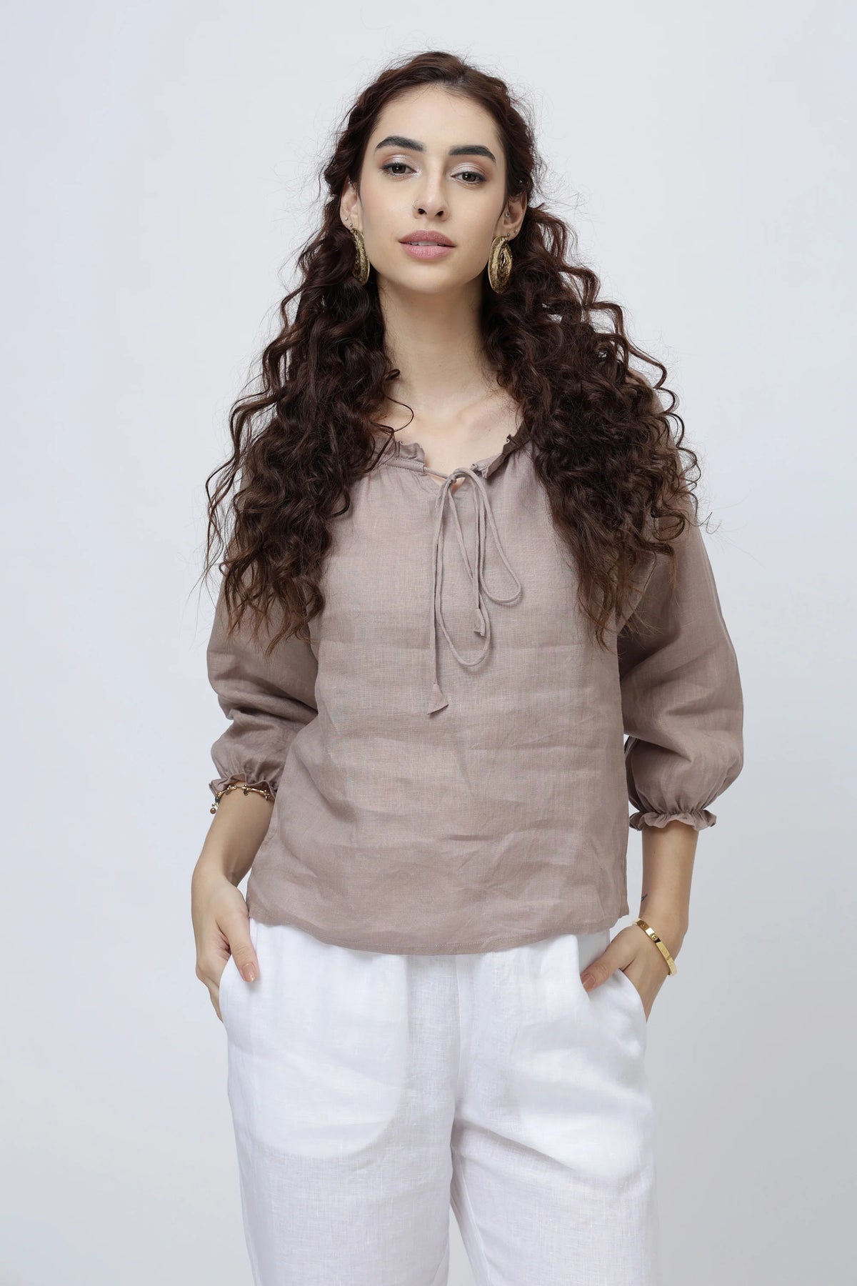 Signature Linen Tie Neck Top Soft Ruffle Collar Sleeves