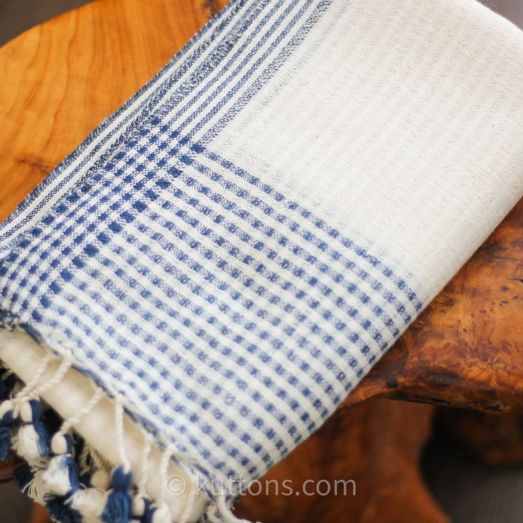 Organic Cotton Wrap Dyed with Natural Dyes Handspun Handwoven by Women Weavers White Blue 25x82
