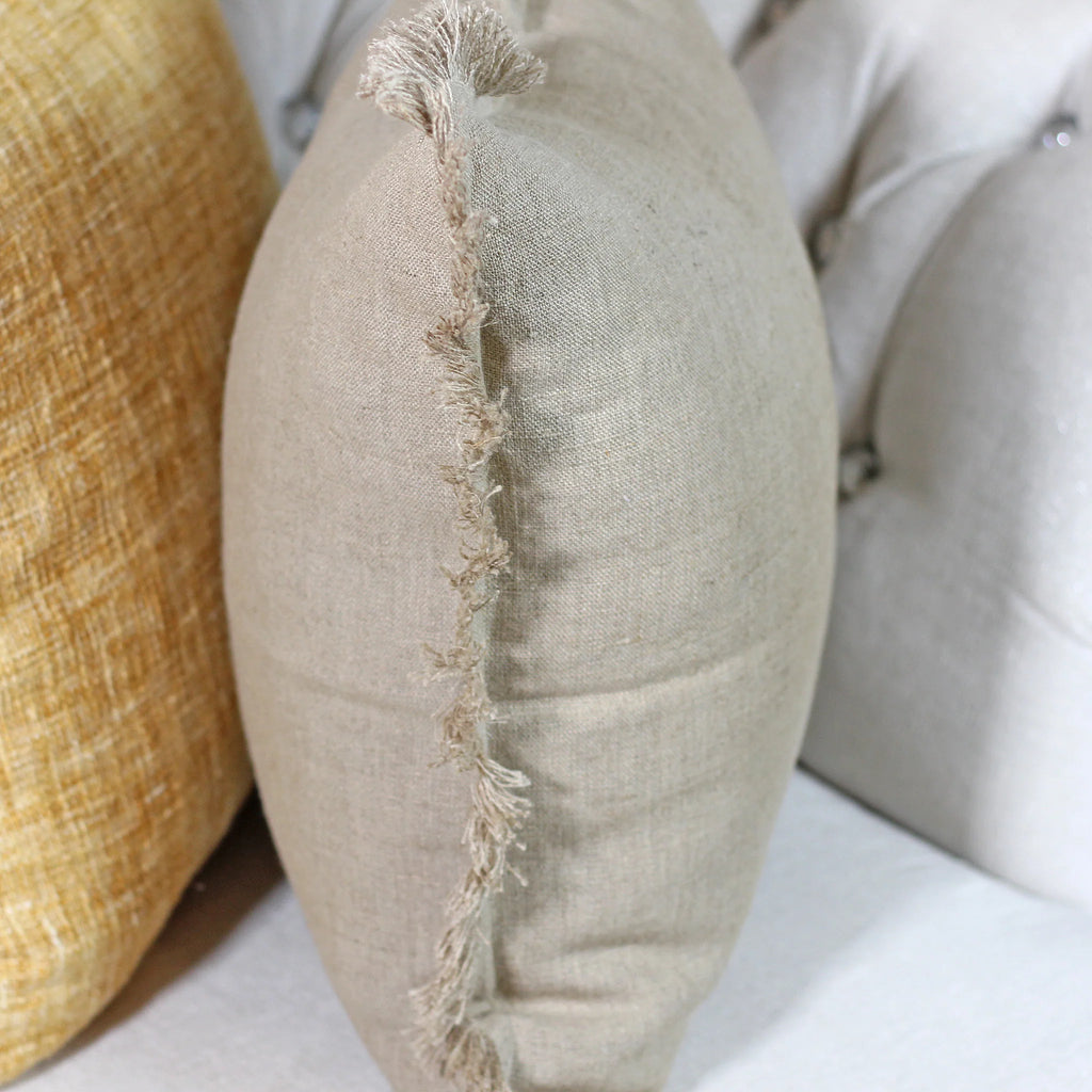 Handcrafted Linen Throw Pillow Cover Rich Luxurious Fringes Natural Brown Cushion 20x20