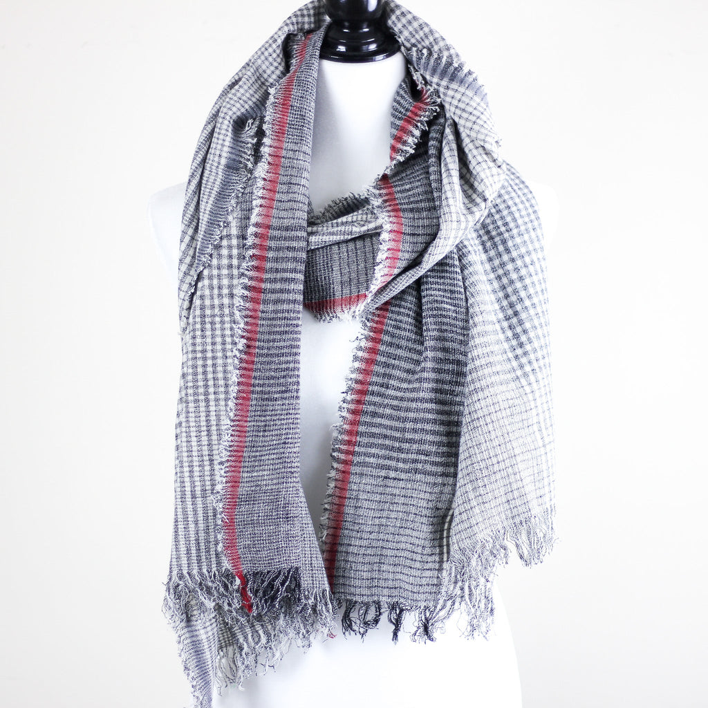 Handspun Handwoven Organic Cotton Scarf Wrap Frayed Edges Gray 25x77