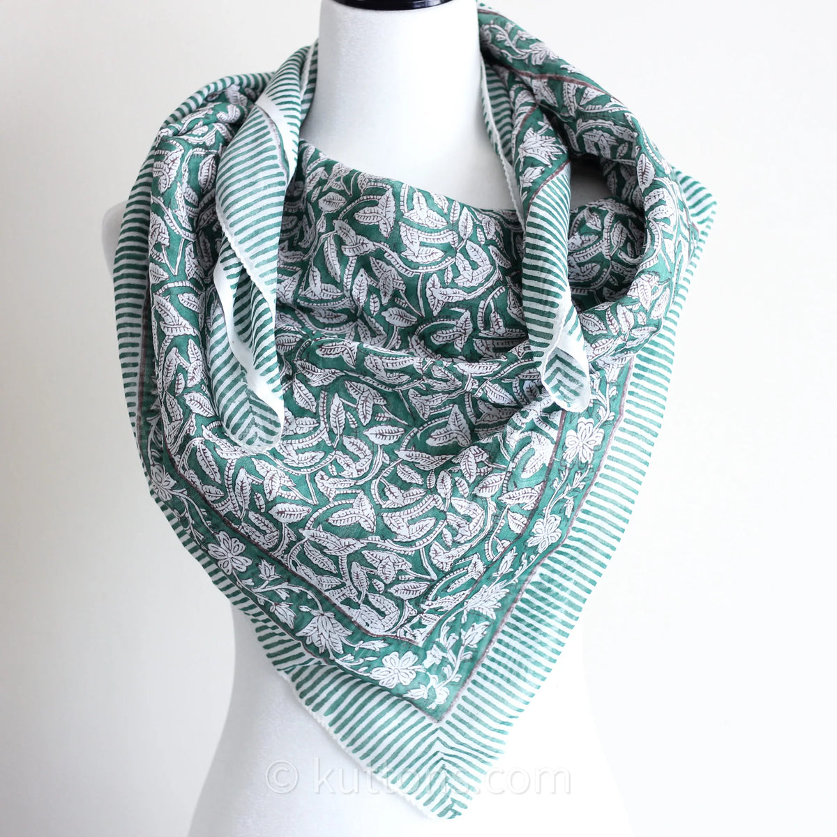 Sanganeri Hand Block Printed Mul Cotton Bandana Soft Lightweight Airy Scarf Green 46x42