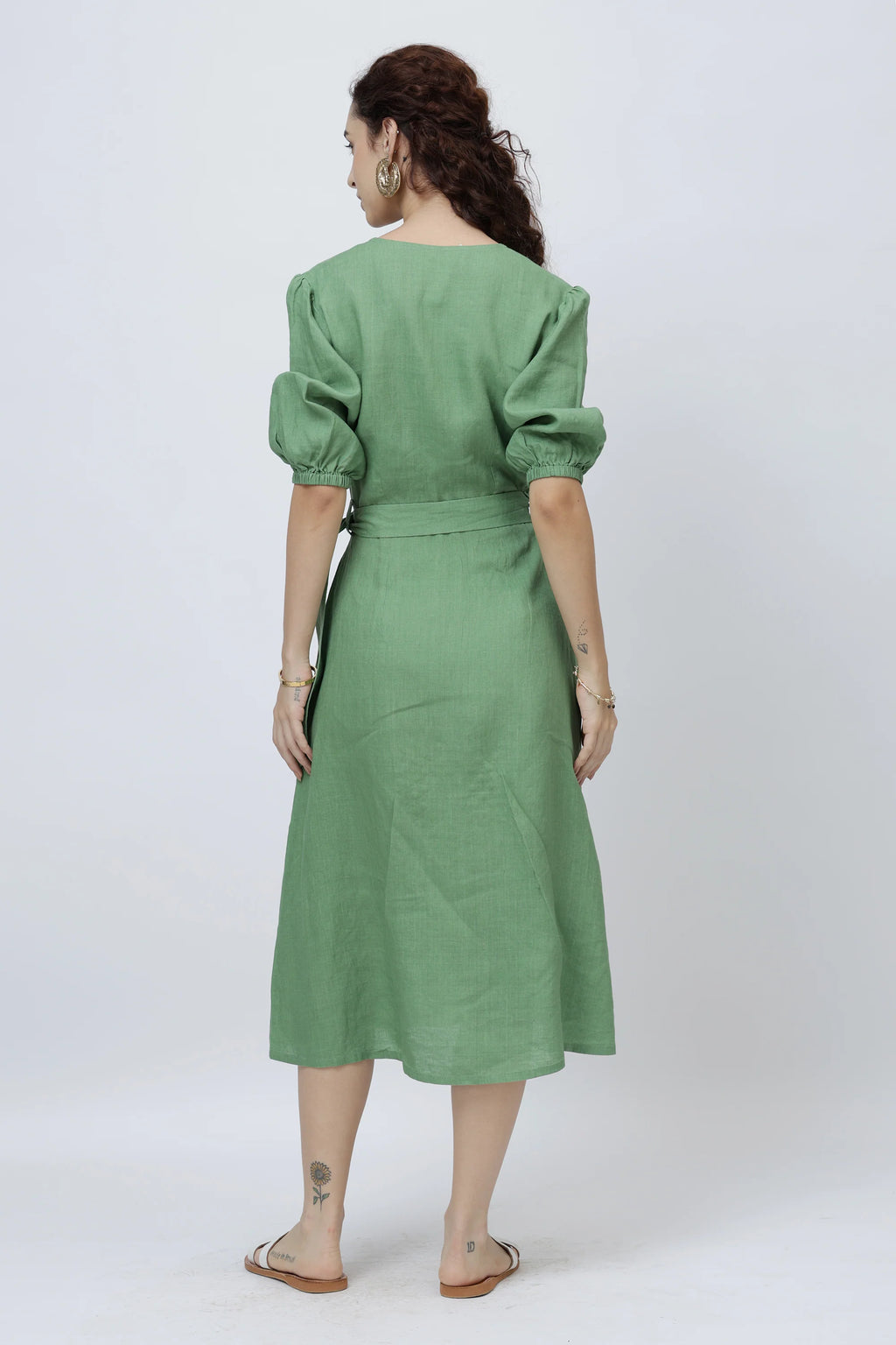 The Elegant Linen Wrap Midi Dress Puff Sleeves