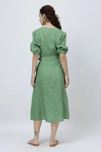 The Elegant Linen Wrap Midi Dress Puff Sleeves