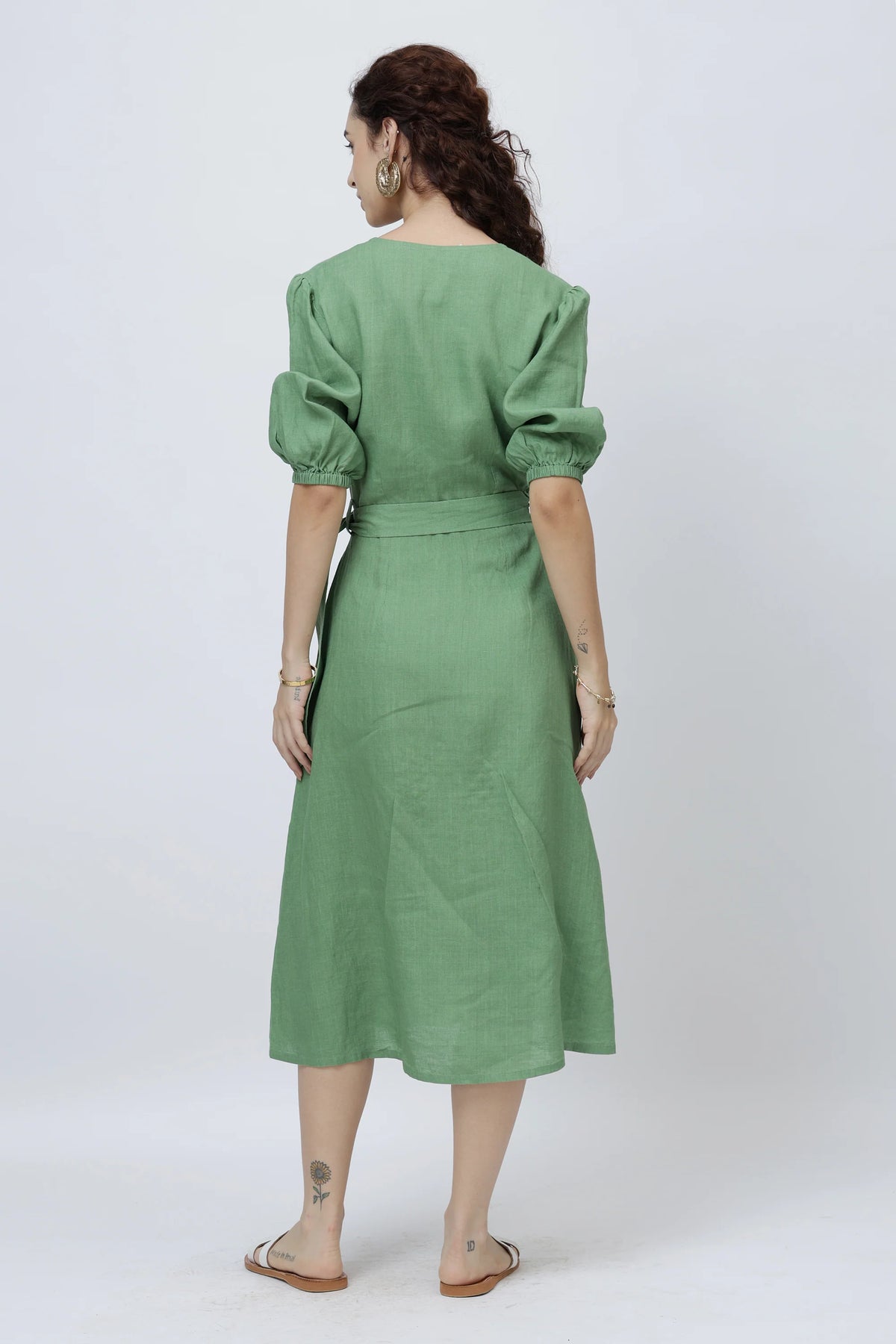 The Elegant Linen Wrap Midi Dress Puff Sleeves
