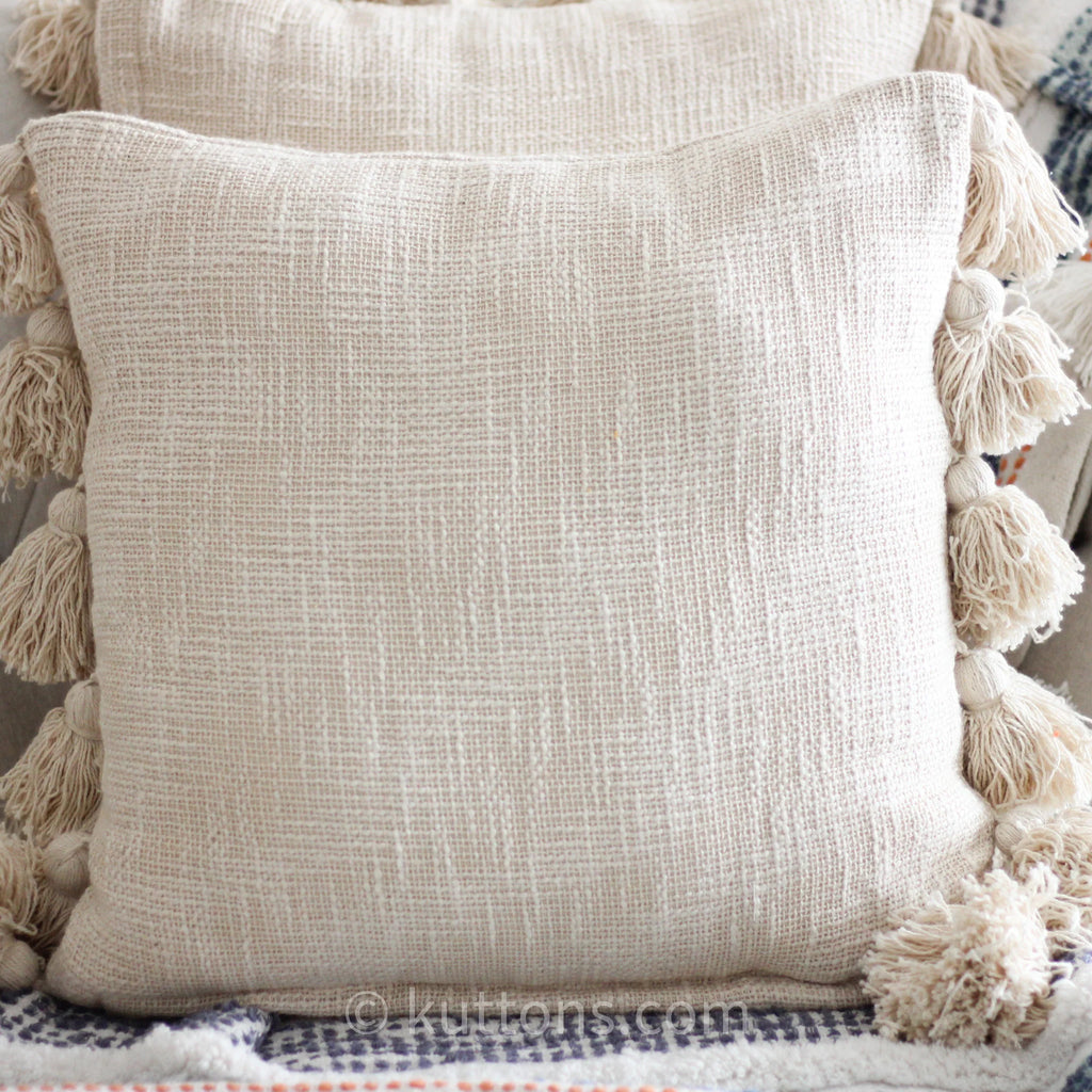 Handmade Textured Solid Cotton Pillow Cover With Large Side Tassels Cream 18x18 Square Single
