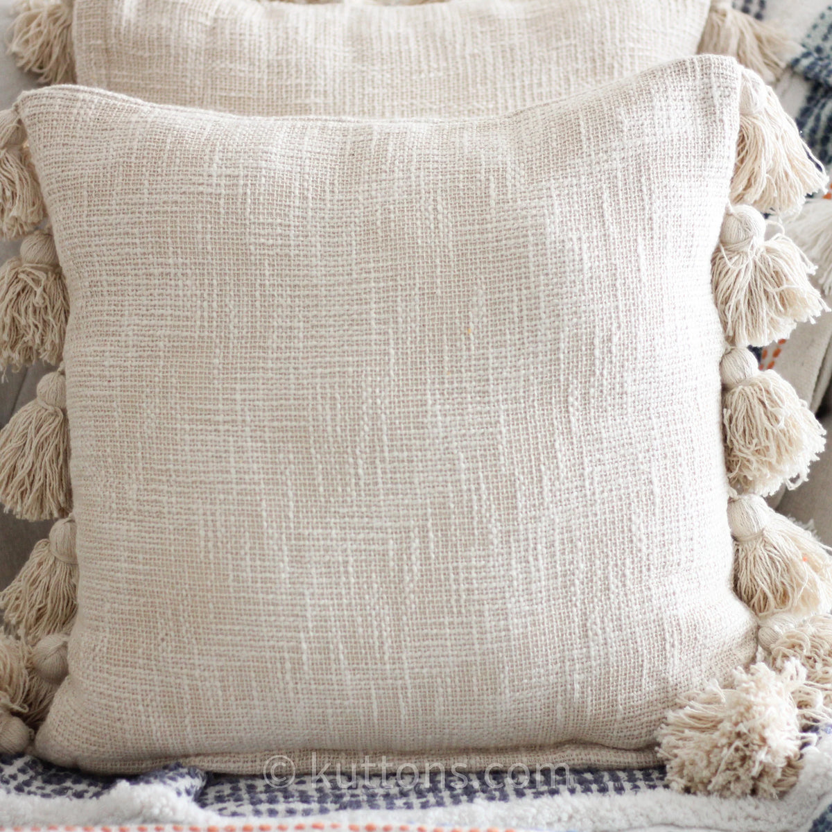 Handmade Textured Solid Cotton Pillow Cover With Large Side Tassels Cream 18x18 Square Single
