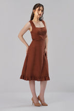 Structured Linen Midi Dress Square Neck Sculpted Waist