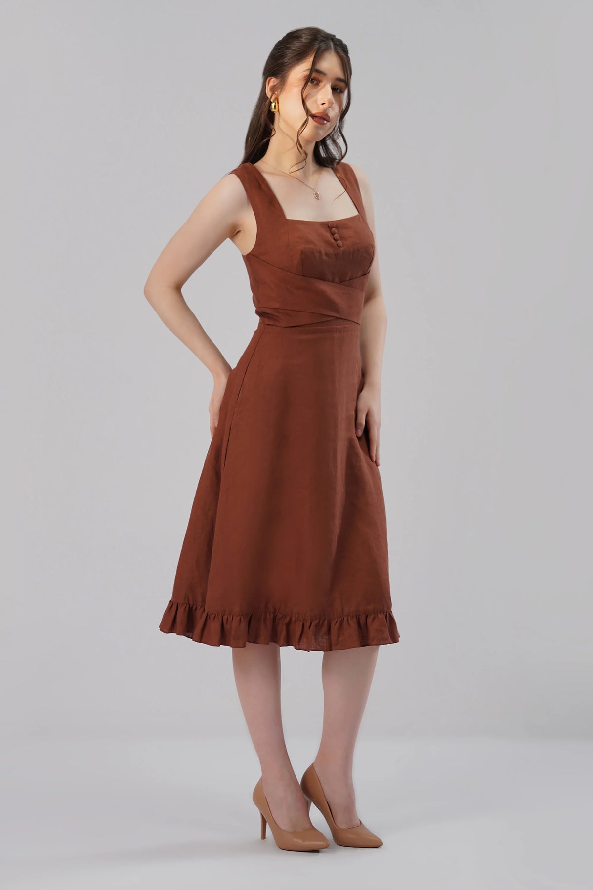 Structured Linen Midi Dress Square Neck Sculpted Waist