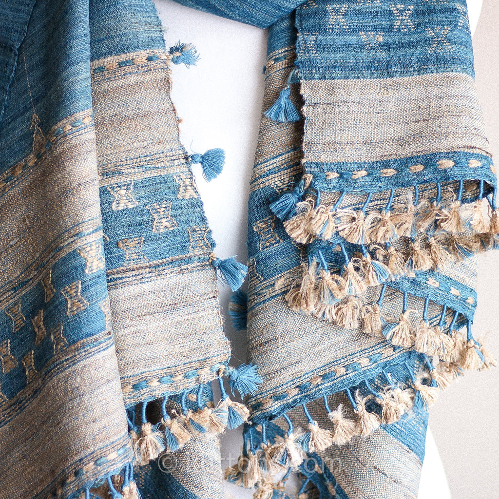 Tussar Silk Merino Wool Shawl with Tassels Handspun Handwoven Blue Golden Brown 40x82