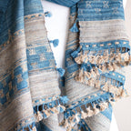 Tussar Silk Merino Wool Shawl with Tassels Handspun Handwoven Blue Golden Brown 40x82