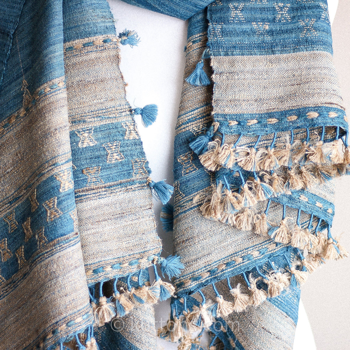 Tussar Silk Merino Wool Shawl with Tassels Handspun Handwoven Blue Golden Brown 40x82
