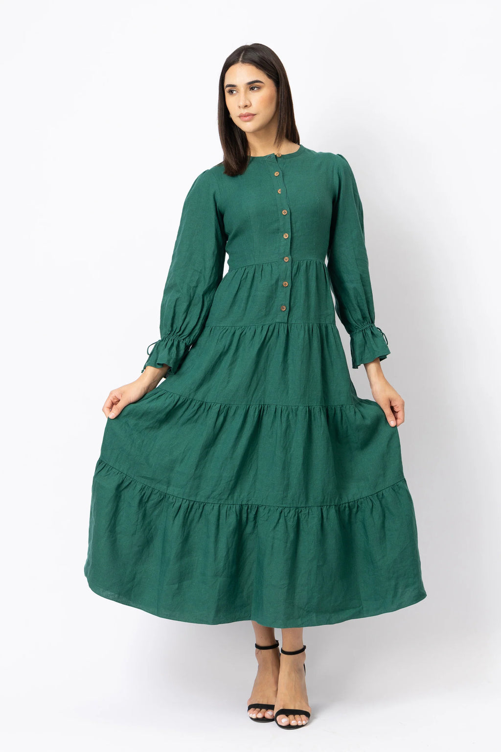 Linen Button Front Tiered Maxi Dress