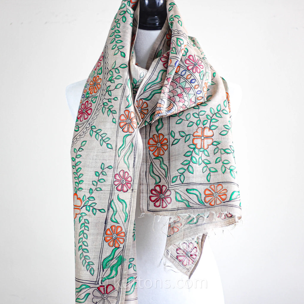 Ethnic Hand Painted Madhubani Stole Khincha Silk Handloom Wrap Golden 22x80