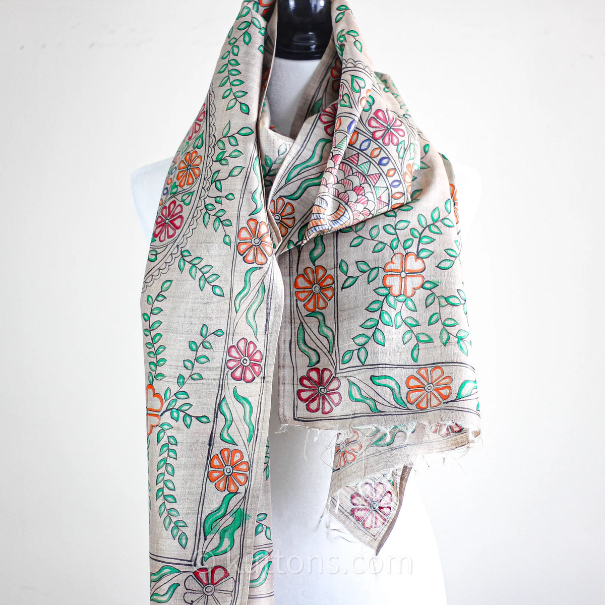 Ethnic Hand Painted Madhubani Stole Khincha Silk Handloom Wrap Golden 22x80