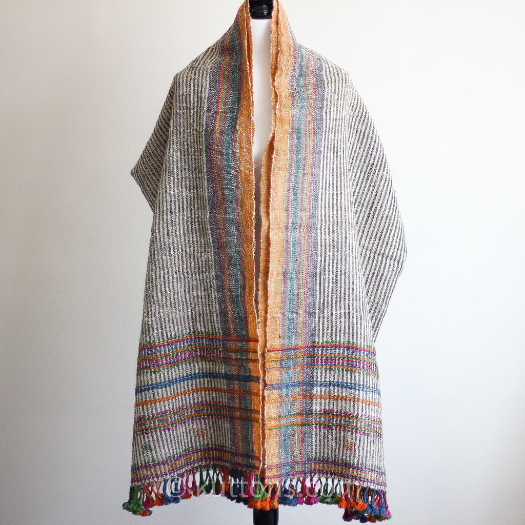 Handspun Handwoven Woolen Shawl Wrap Rustic Throw Colourful Stripes
