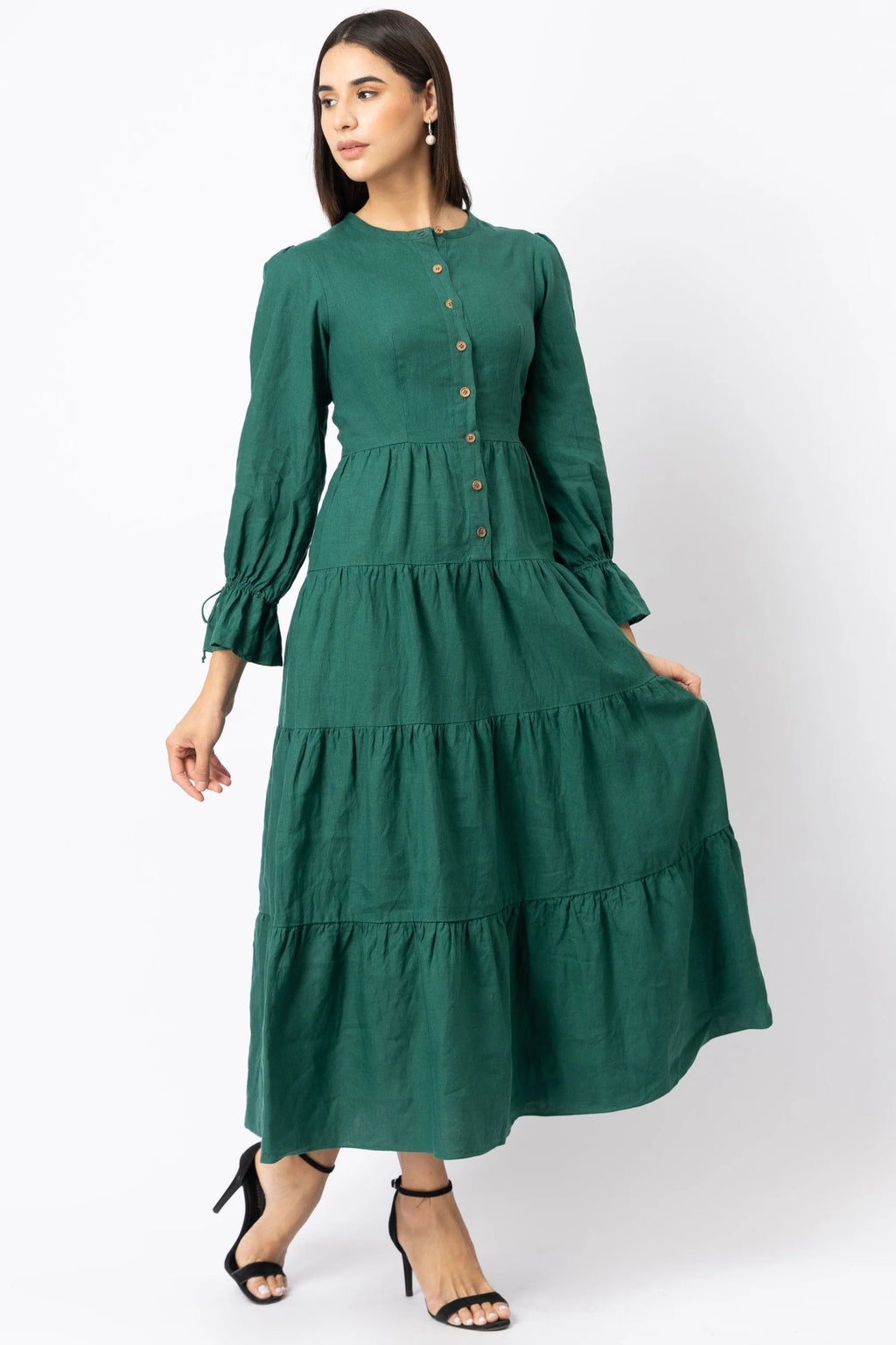 Linen Button Front Tiered Maxi Dress