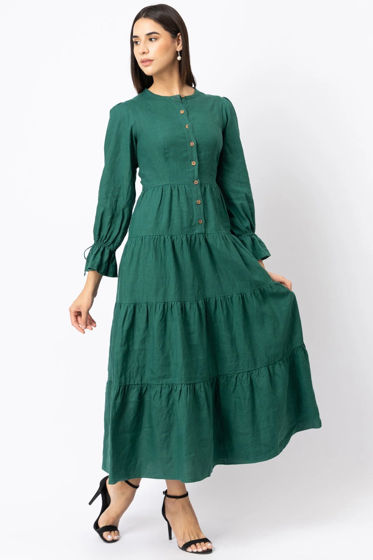 Linen Button Front Tiered Maxi Dress