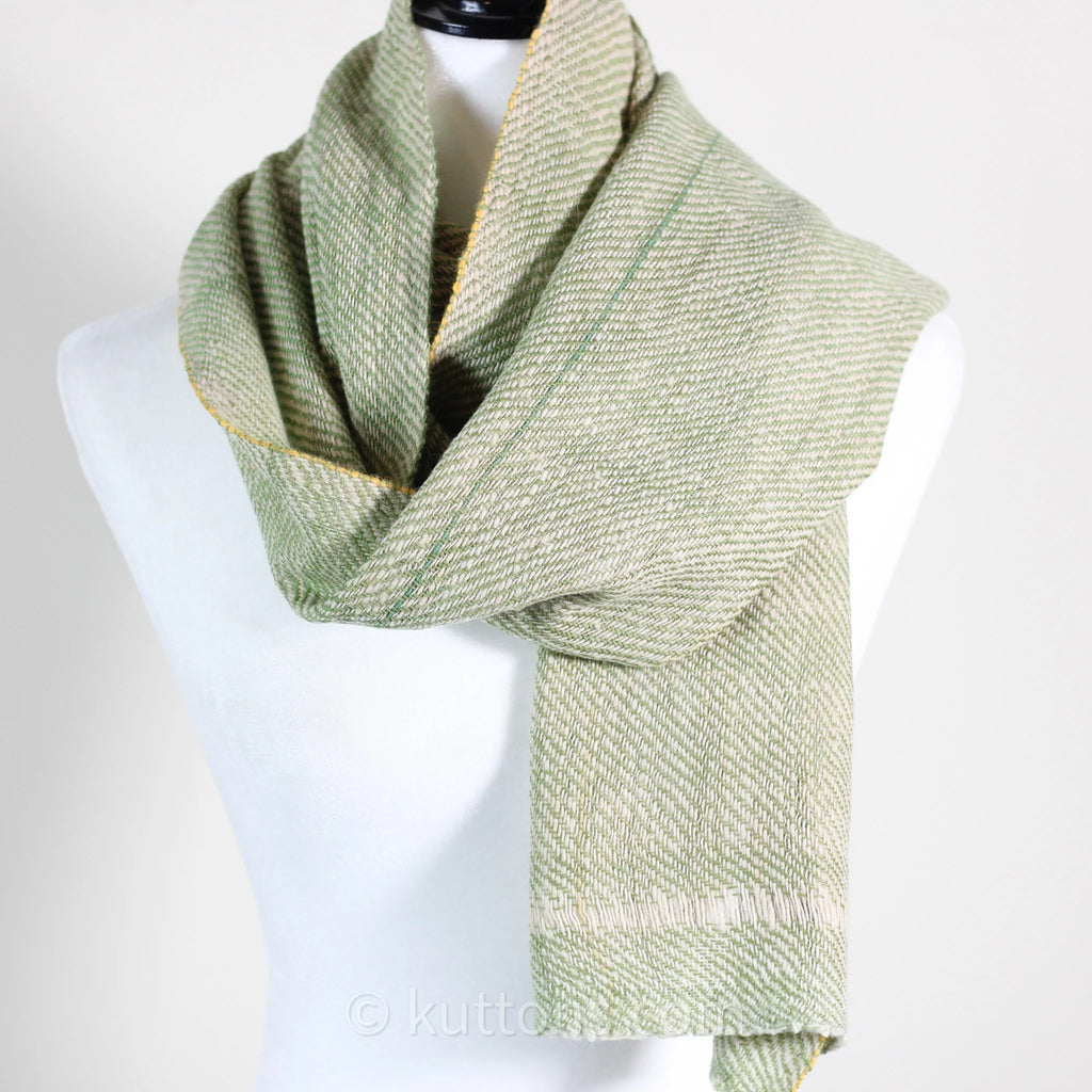 Himalayan Merino Wool Scarf Handspun Handwoven and Naturally Dyed in the Himalayas with Indigo Tesu Flowers Green 13x76