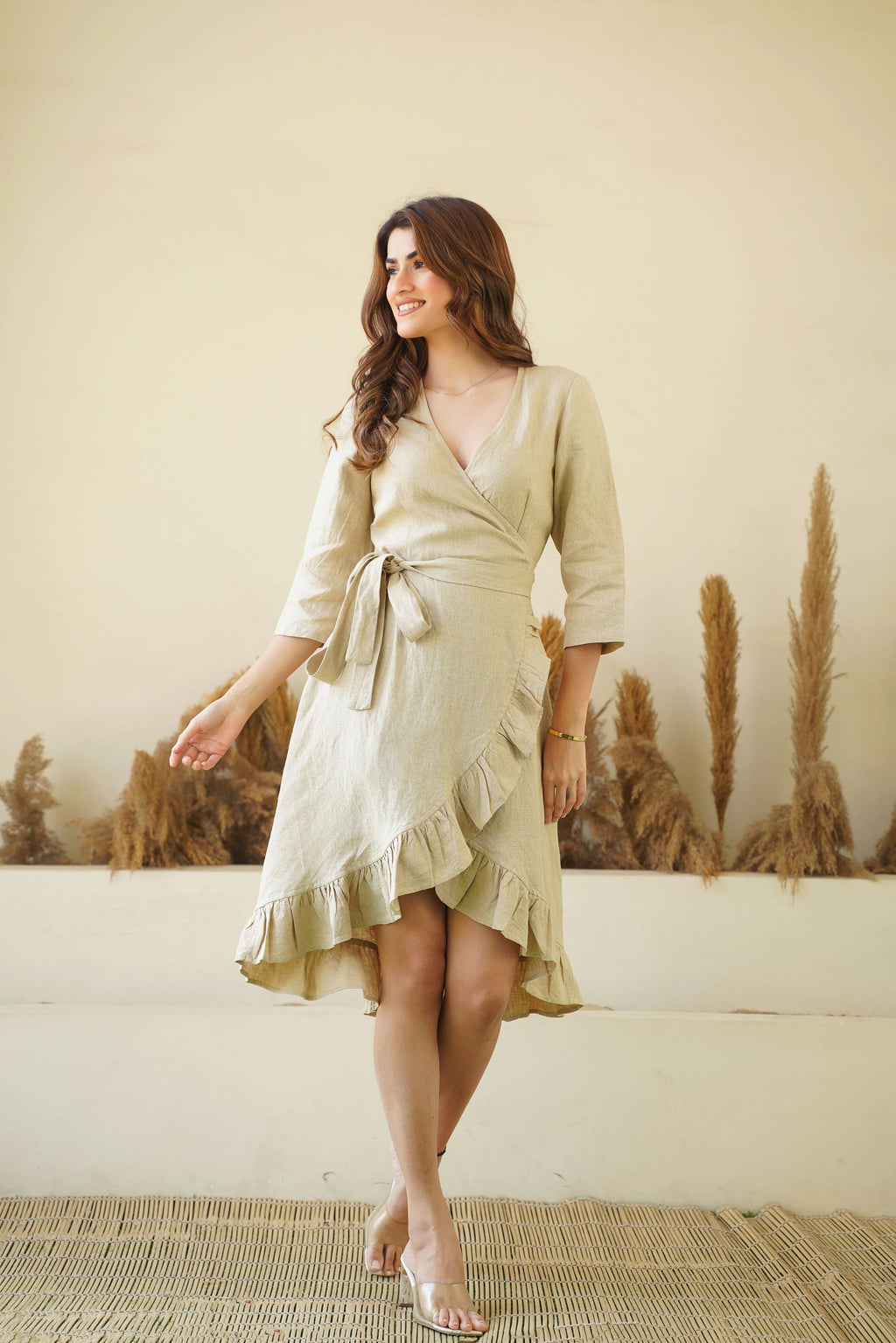 Natural Linen Wrap Dress with Frills Waist Belt Long Sleeve Linen Midi Dress with Pockets