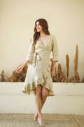 Natural Linen Wrap Dress with Frills Waist Belt Long Sleeve Linen Midi Dress with Pockets