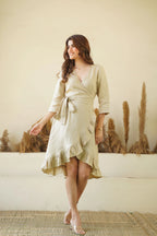 Natural Linen Wrap Dress with Frills Waist Belt Long Sleeve Linen Midi Dress with Pockets