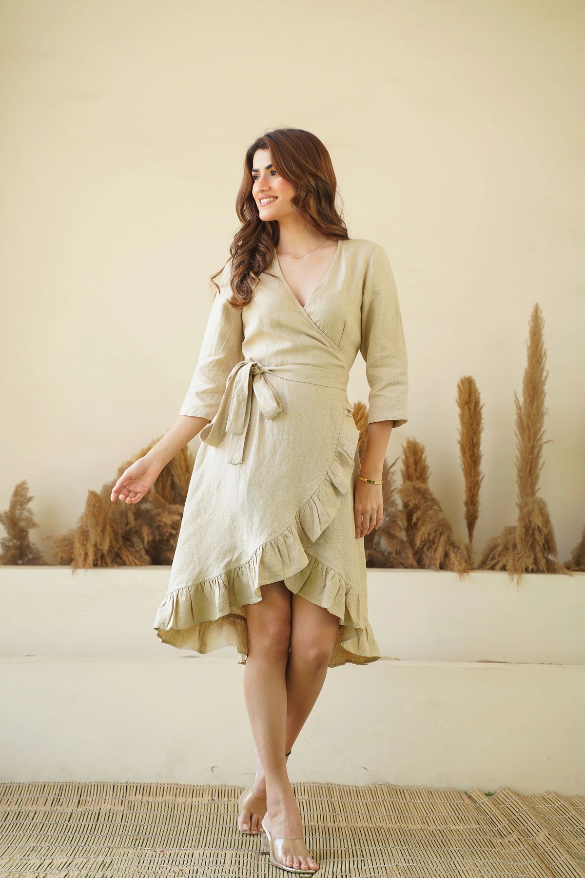 Natural Linen Wrap Dress with Frills Waist Belt Long Sleeve Linen Midi Dress with Pockets