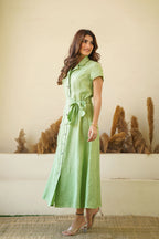 Sage Green Linen Button Down Dress with Lapel Collars Cap Sleeves Tie Belt Fit and Flare Dress