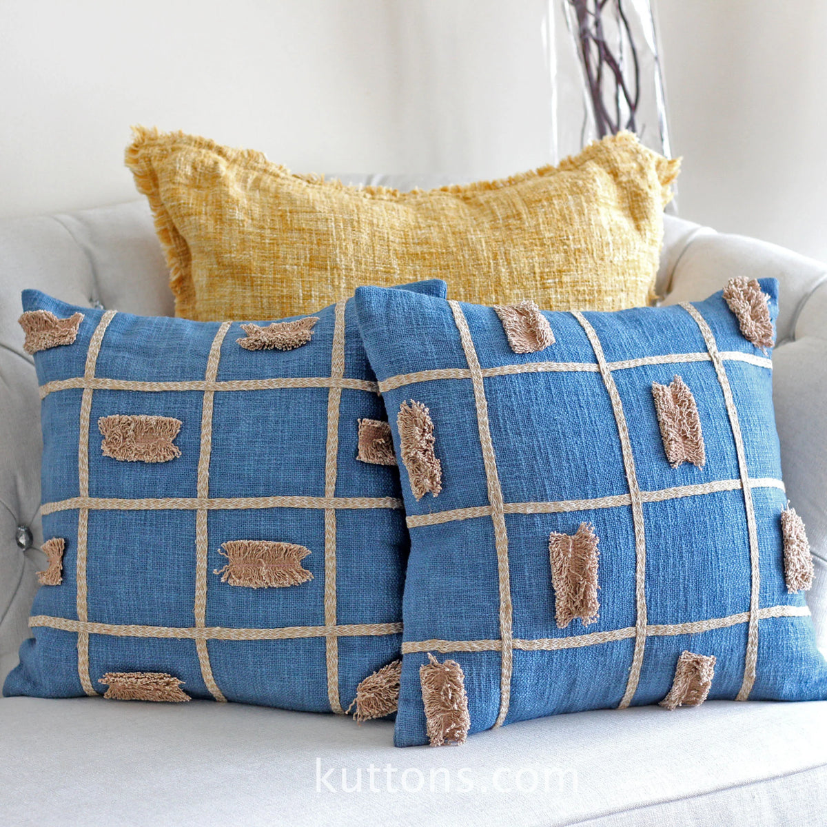 Handcrafted Square Box Cotton Jute Throw Pillow Cover Decorative Cushions Blue 16x16