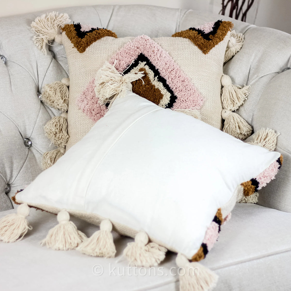 Cotton Tufted Textured Boho Pillow Cover With Large Tassels Cream Pink 18x18 Square Single