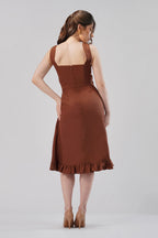 Structured Linen Midi Dress Square Neck Sculpted Waist