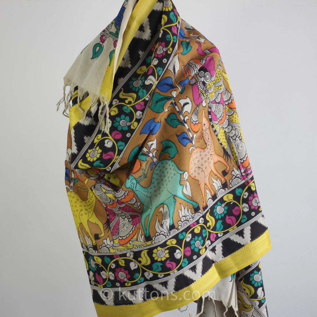 Hand Painted Kalamkari Cotton Wrap Cum Art Decor Depicting Ethnic Women with Deers Natural Colours Multicolour 36x94