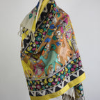 Hand Painted Kalamkari Cotton Wrap Cum Art Decor Depicting Ethnic Women with Deers Natural Colours Multicolour 36x94