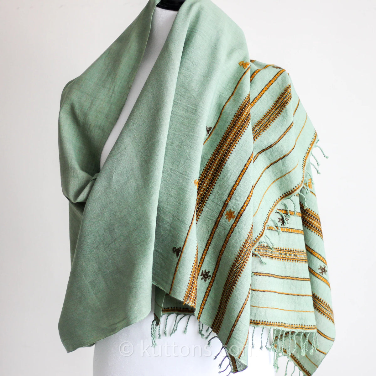 Handwoven Organic Kala Cotton Scarf Wrap with Tassels Green 23x78