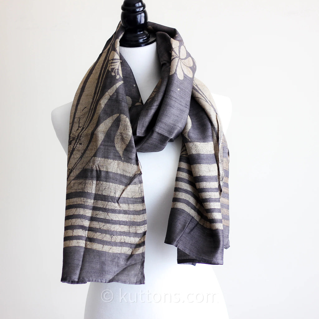 100 Pure Tussar Silk Stole Handwoven Naturally Dyed Block Art Print Grey 22x71