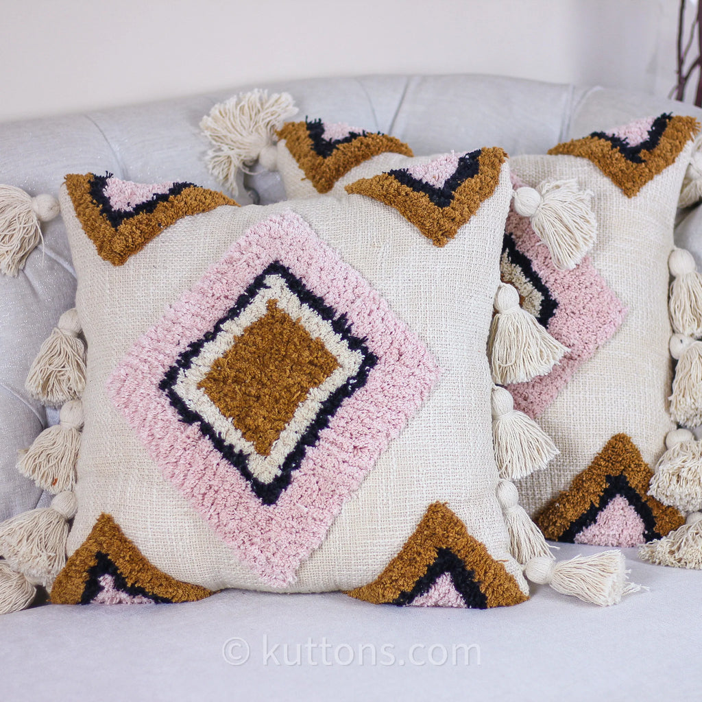 Cotton Tufted Textured Boho Pillow Cover With Large Tassels Cream Pink 18x18 Square Single