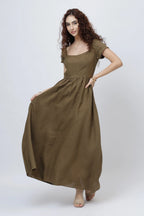 The Aria Linen Maxi Dress Square Neck Fitted Bodice