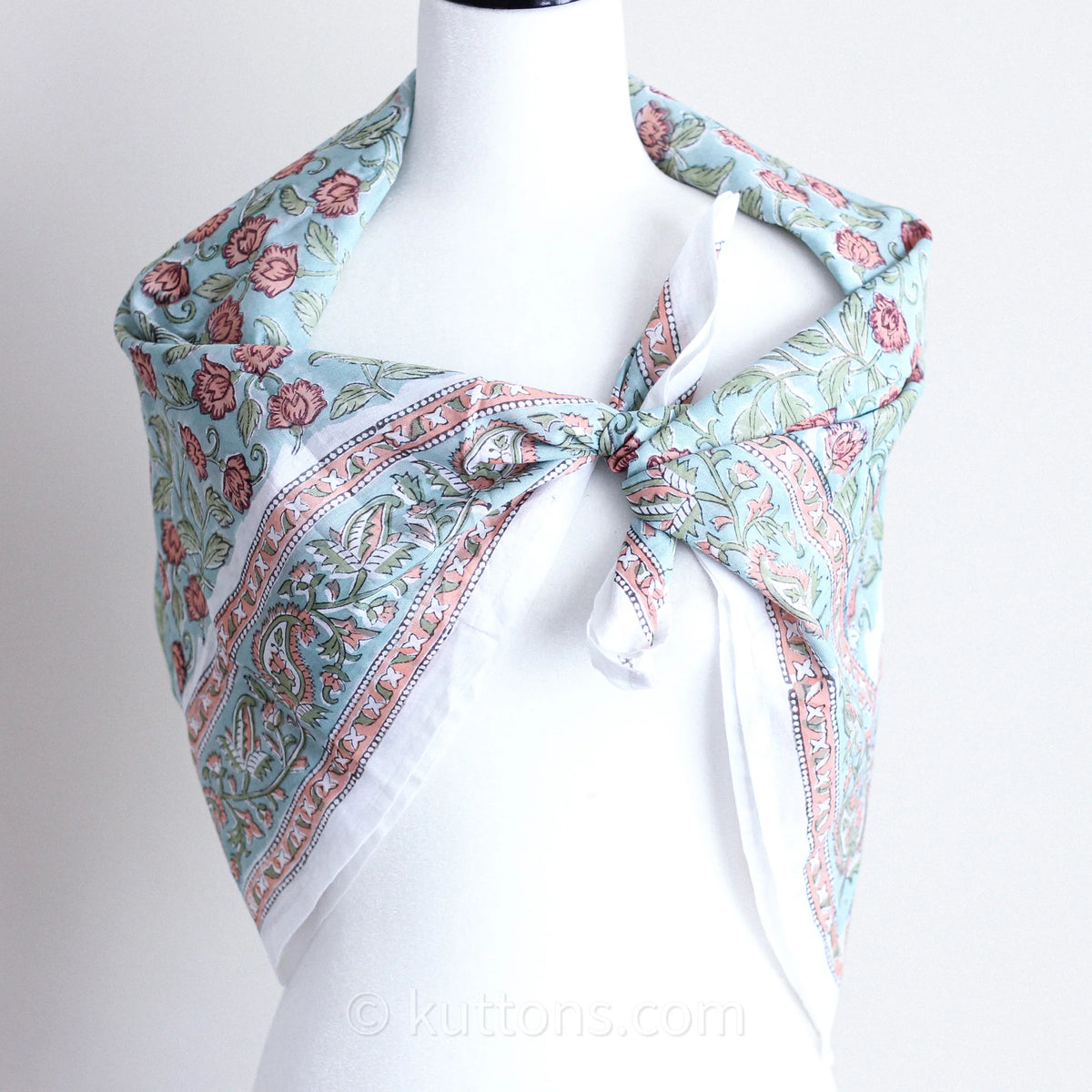 Sanganeri Hand Block Printed Cotton Bandana Soft Lightweight Airy Aqua Green 42x43