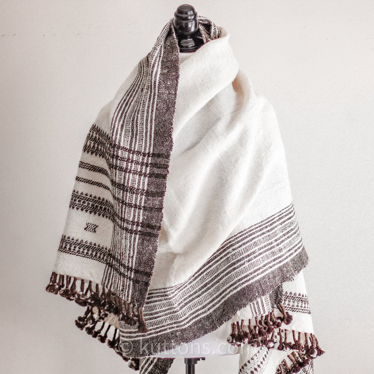 Nomadic Tribal Wrap Throw Handspun Handwoven Bhujodi Raw Wool Shawl Cream 36x84