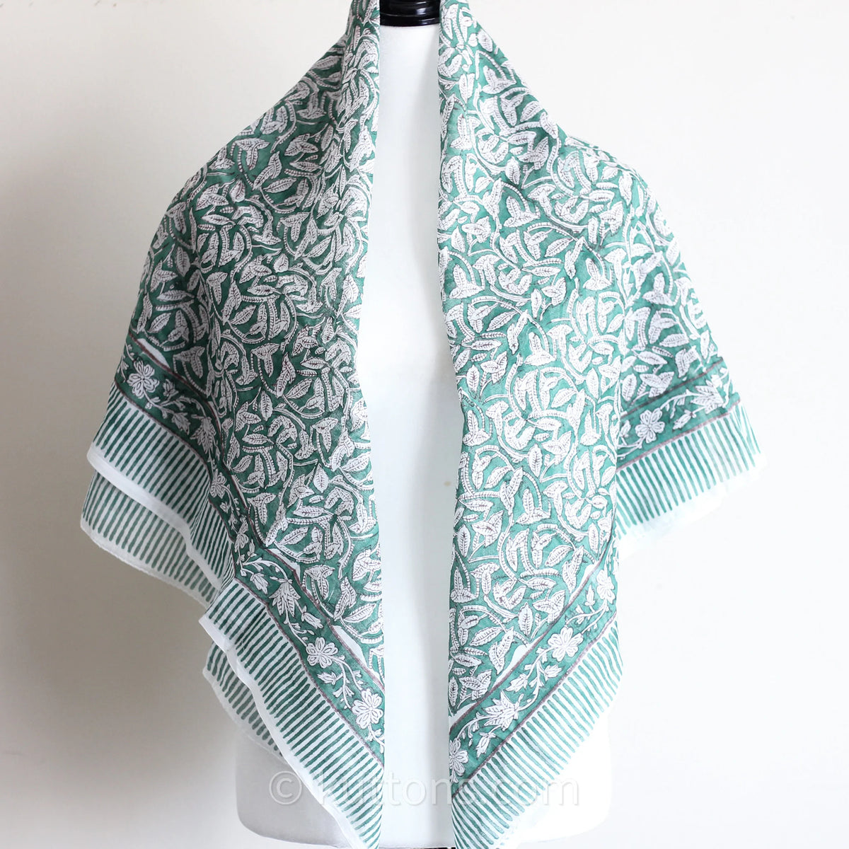 Sanganeri Hand Block Printed Mul Cotton Bandana Soft Lightweight Airy Scarf Green 46x42