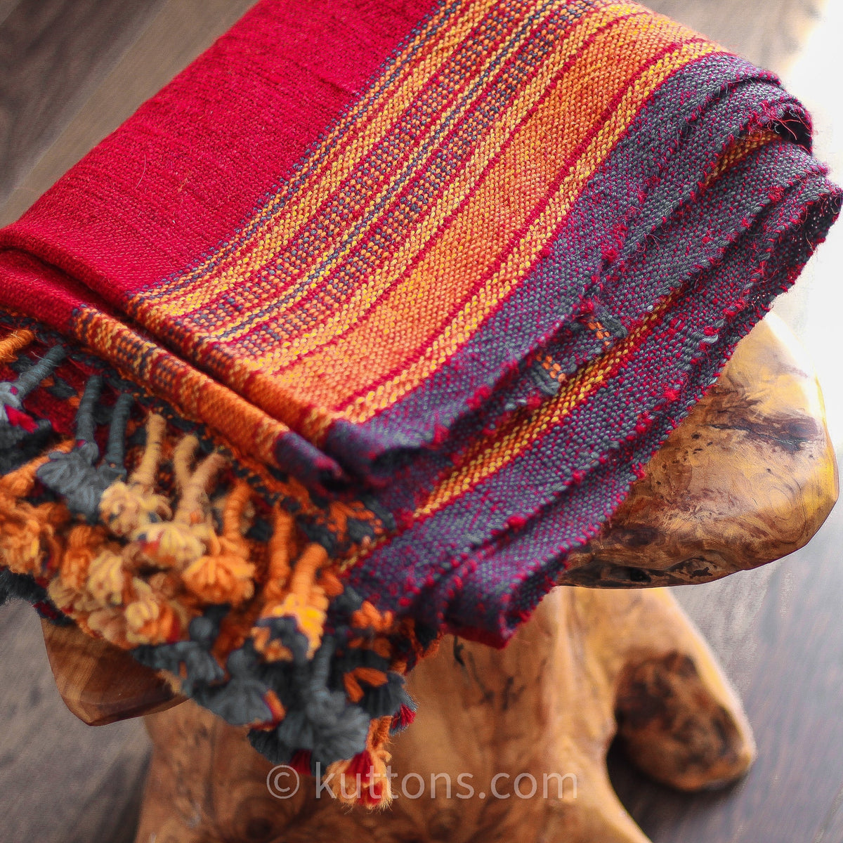 Handspun Handwoven Ethnic Raw Wool Shawl Rustic Wrap Throw Red Orange 36x85
