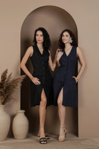 The Noir Tailored Linen Dress Sleeveless V Neck Button Front A Line Dress in Premium European Linen