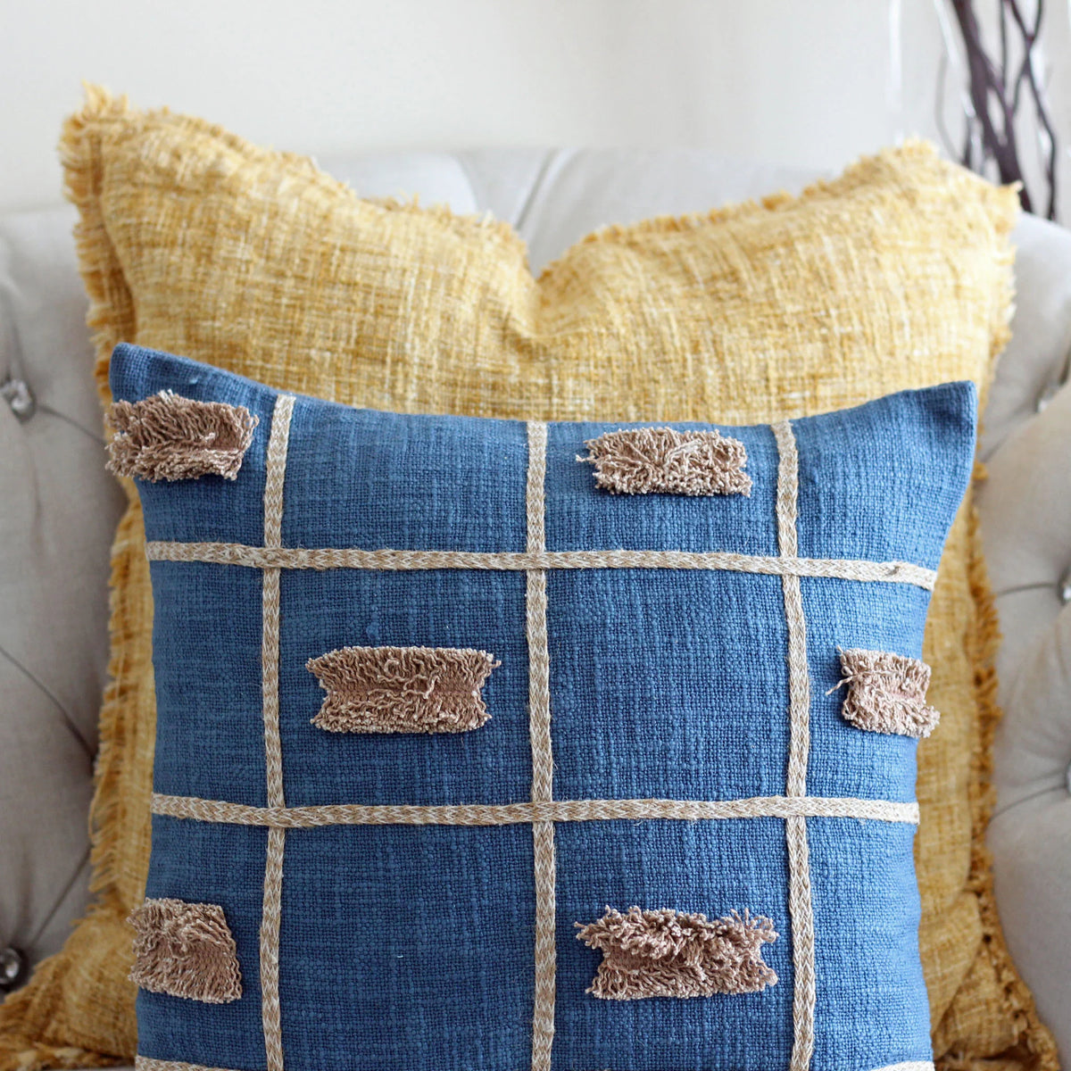 Handcrafted Square Box Cotton Jute Throw Pillow Cover Decorative Cushions Blue 16x16
