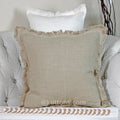 Handcrafted Linen Throw Pillow Cover Rich Luxurious Fringes Natural Brown Cushion 20x20