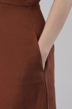 Structured Linen Midi Dress Square Neck Sculpted Waist